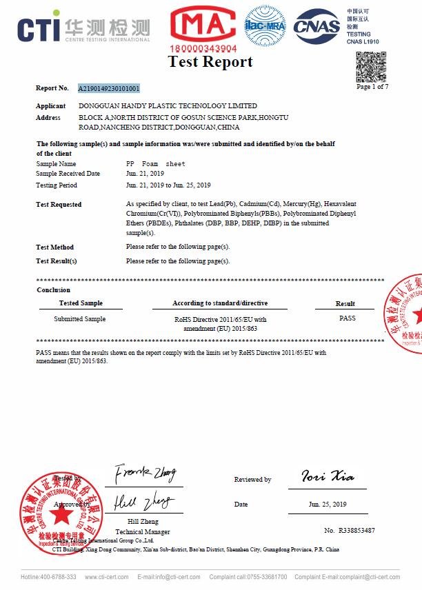 RoHS Directive 2011/65/EU Test Report — Foamgrid CTI 2019